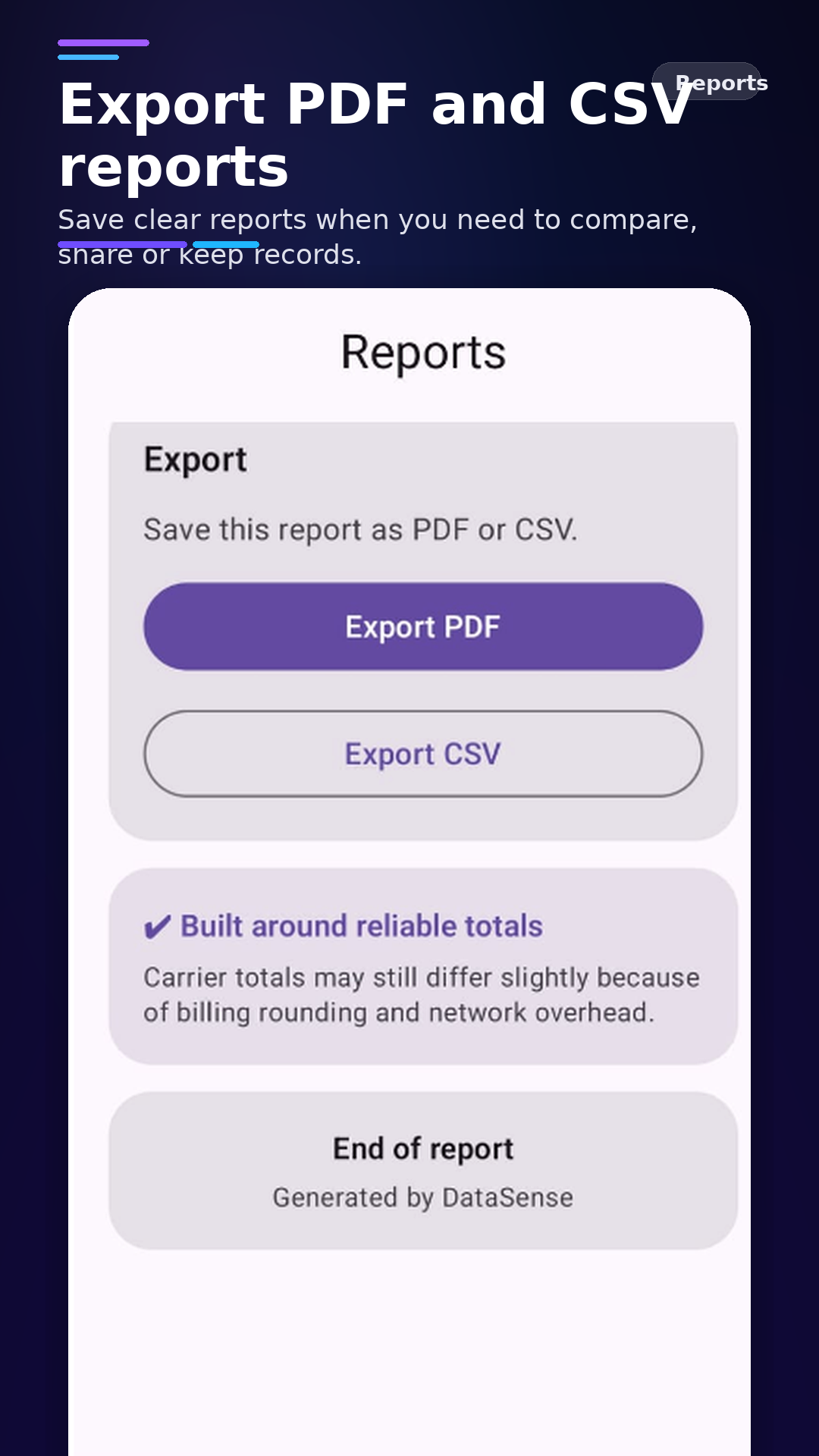 DataSense export reports screenshot